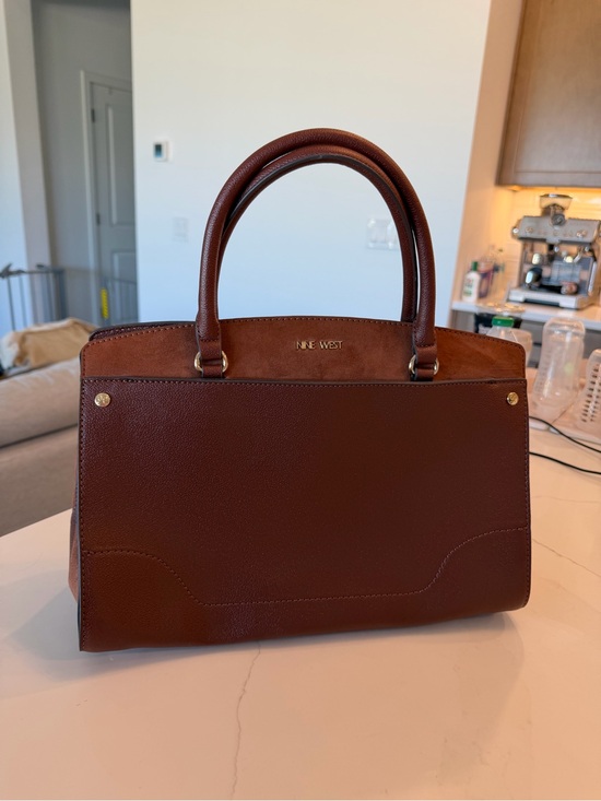 Nine West Handbags - Nine West Deep Brown Structured Satchel with Gold Accents